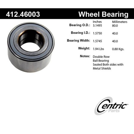 Centric Parts Standard Double Row Wheel Bearing, 412.46003E 412.46003E